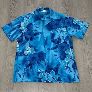 Vintage 70s Hawaiian Camp‎ Collar Shirt Blue Floral Aloha Medium Made in Hawaii